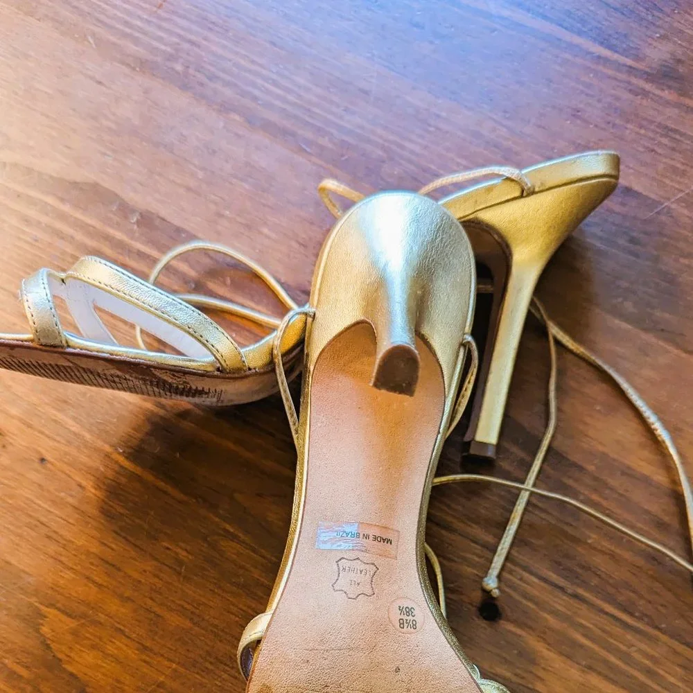 BCBG MAXAZRIA metallic gold ankle strap heeled sandals Size 8.5 - Picture 6 of 10